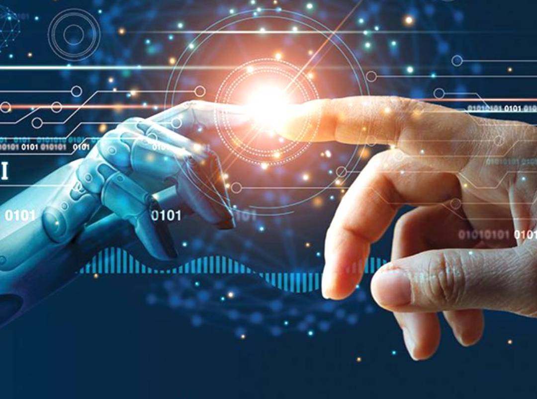 Abstract AI interface connecting with human hand
